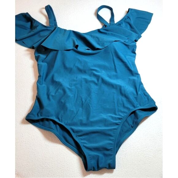 Time Tru 1 Pc Bathing Suit Swimwear 1X 16W 18W Teal Ruffle Removeable Strap - Picture 1 of 11